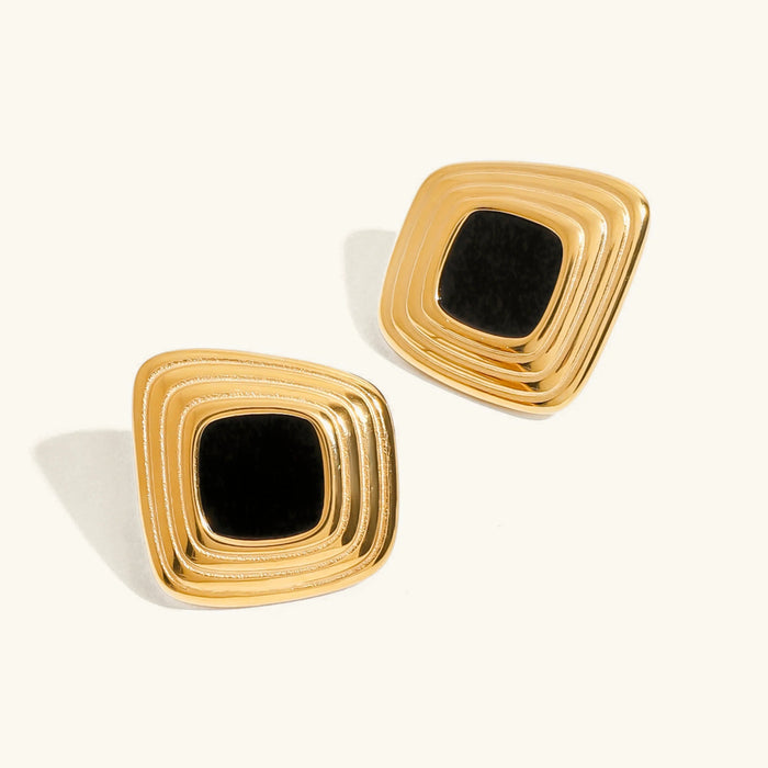 Geometric Gold Stud Earrings with Square Onyx Centre