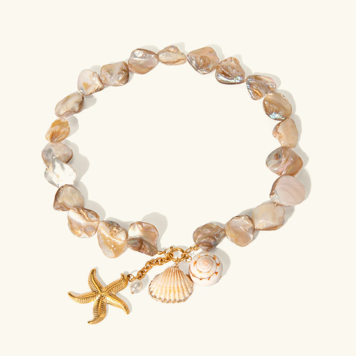 Pearl Beaded Necklace with Starfish and Shell Charms