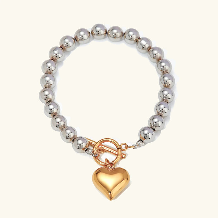 Women's Beaded Heart Charm Bracelet with Toggle Clasp