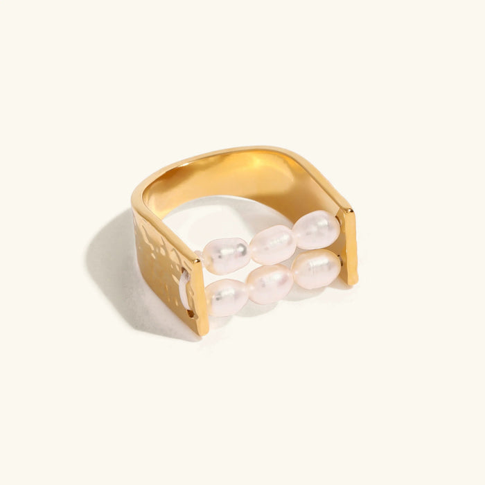 Women's Pearl Ring with Double Row and Wide Band