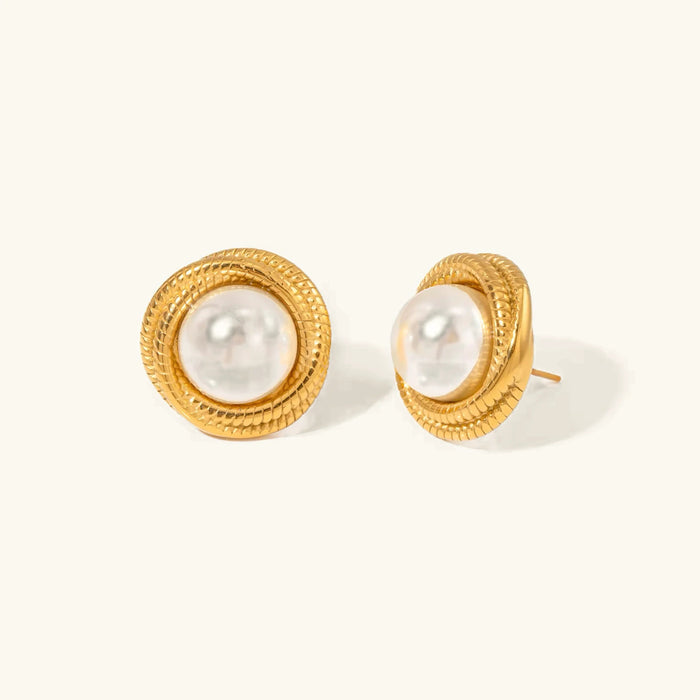 Women's Gold-Tone Pearl Stud Earrings with Textured Frame