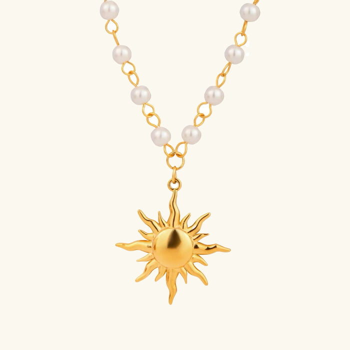 Sun Pendant Pearl Chain Necklace with Gold-Tone Finish