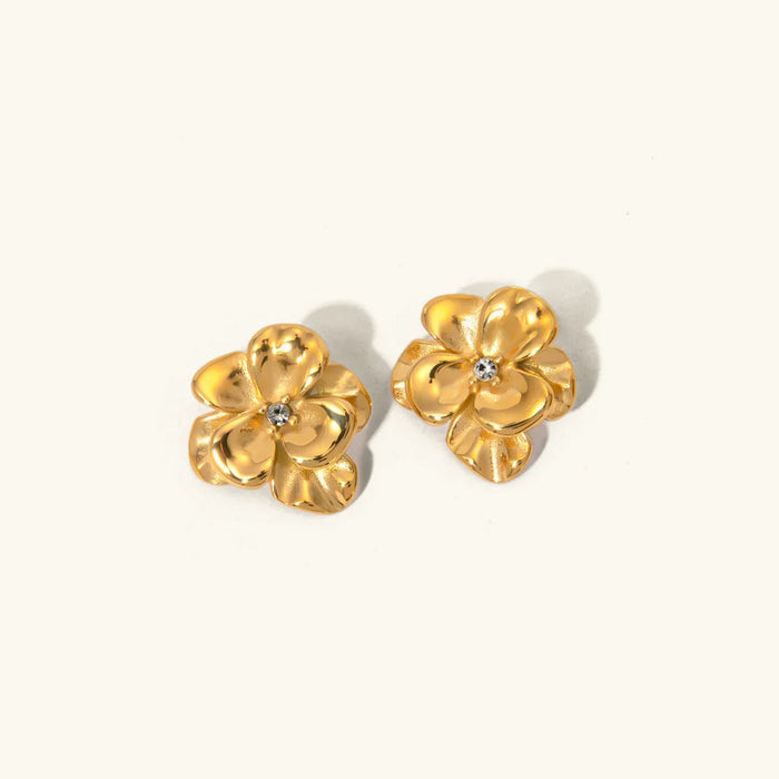 Gold Flower Stud Earrings with Crystal Centre