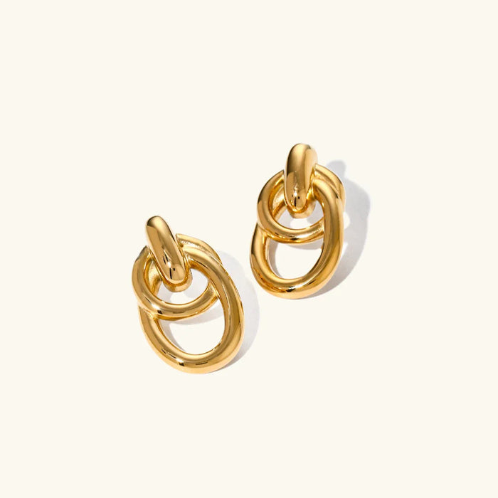 Gold Double-Hoop Drop Earrings with Interlocking Link