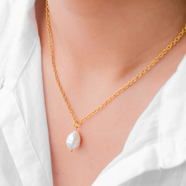 Gold-Tone Oval Faux Pearl Drop Necklace