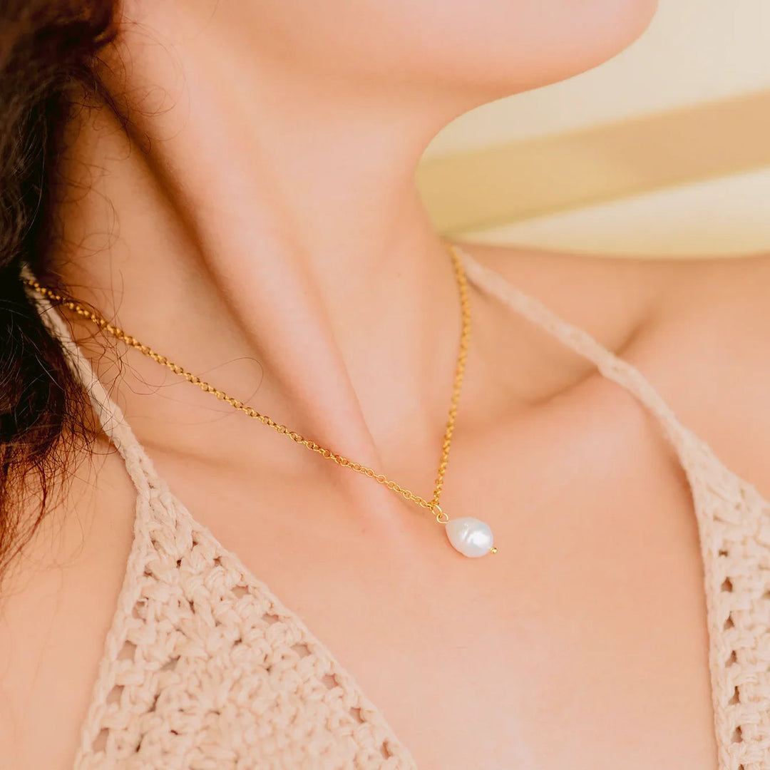 Gold-Tone Oval Faux Pearl Drop Necklace