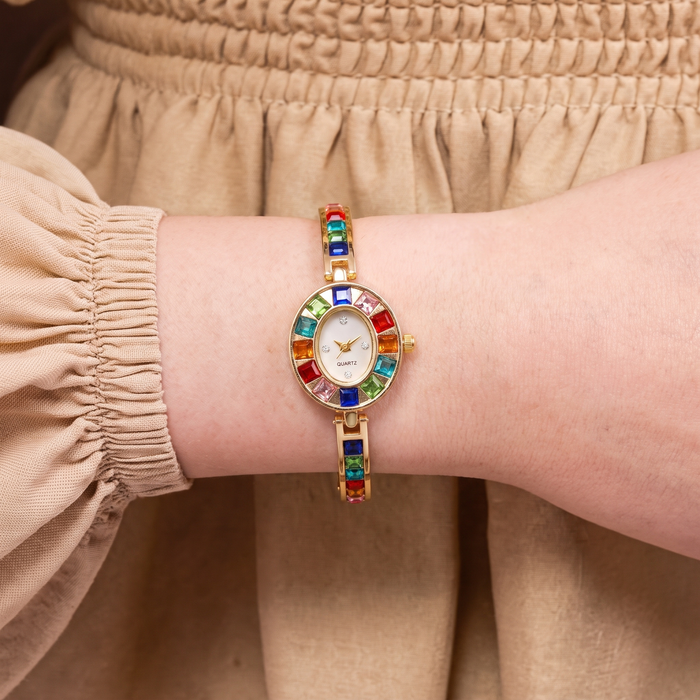 Women's Oval Bracelet Watch with Multicolour Crystals