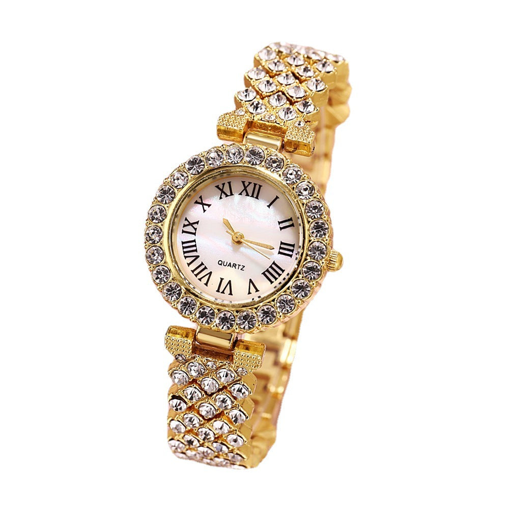Gold rhinestone bracelet watch with jewelry set