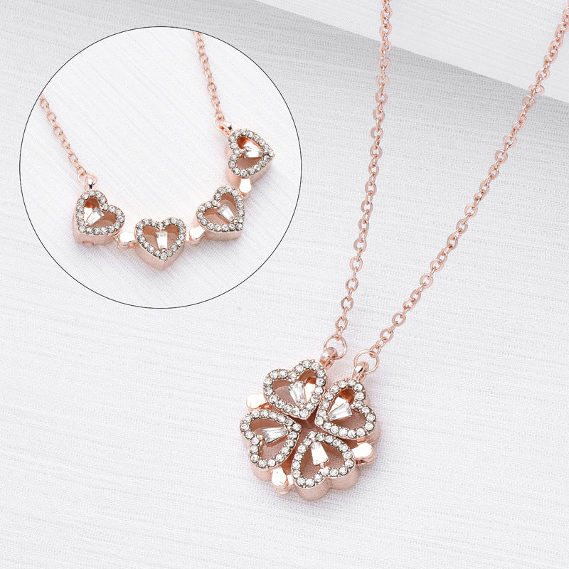 Gold magnetic four leaf clover heart necklace