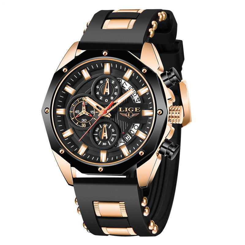 Men's black sports watch with gold accents