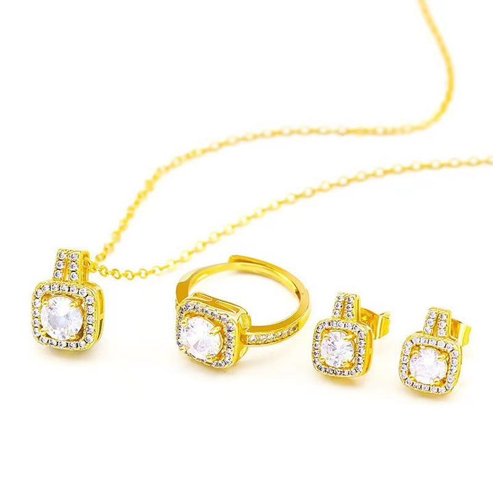 Gold square halo zircon necklace, earrings and ring