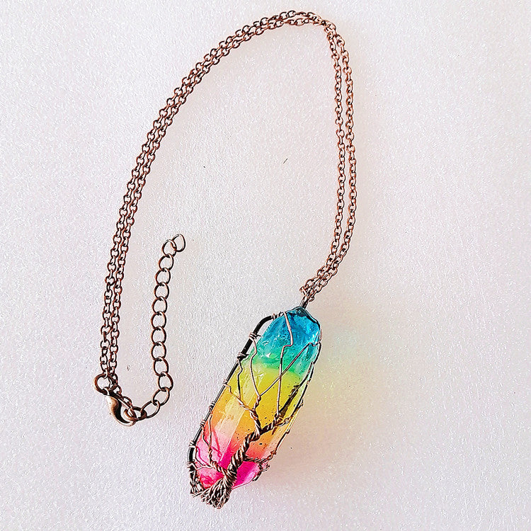 Tree of life wire wrapped crystal pillar necklace