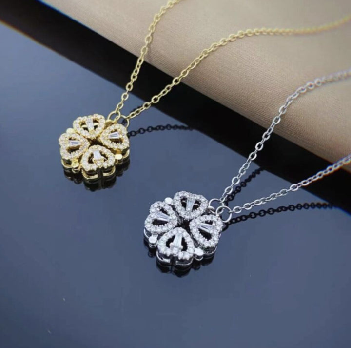 Gold magnetic four leaf clover heart necklace