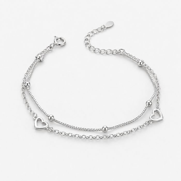 925 Sterling Silver Double Layer Heart Charm Bracelet