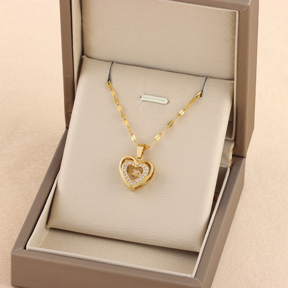 Double layer heart pendant necklace with rhinestones