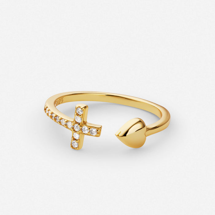 Heart Cross Adjustable Ring with Pavé Detail