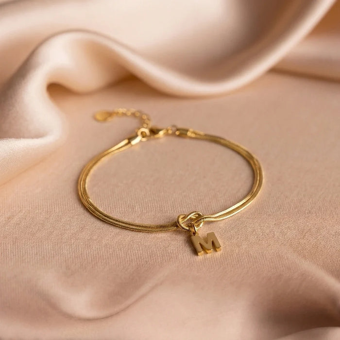 Snake Chain Bracelet with Initial Charm and Knot Detail
