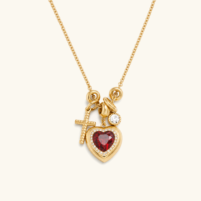 Women's Heart Charm Necklace with Cross and Crystal
